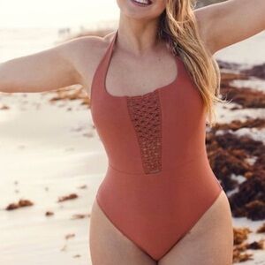 Aerie Backless Macrame Halter One-Piece Swimsuit Burnt Orange XL Boho Beachwear
